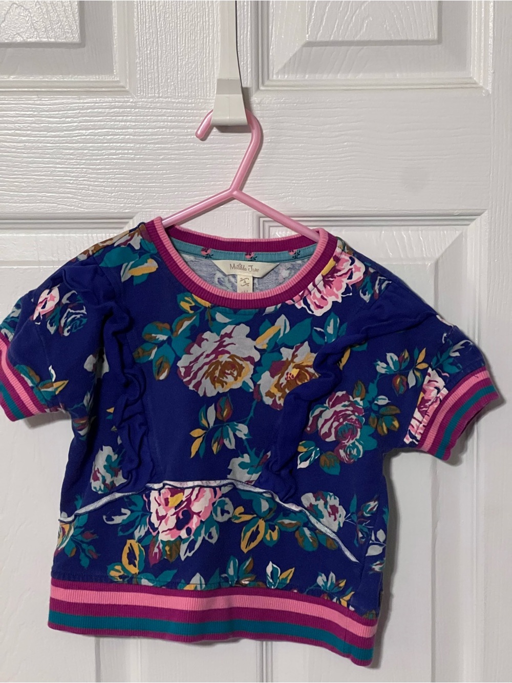Matilda Jane Girls Size 4 Blue Floral Ruffle Top Striped Trim